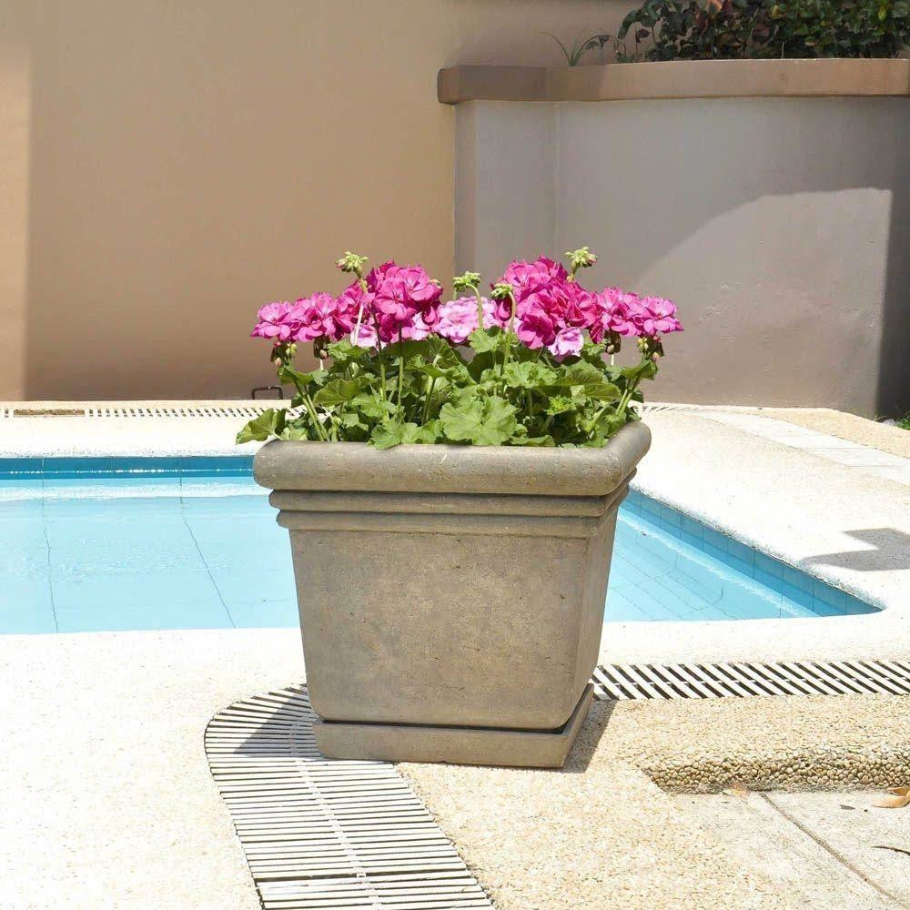 18-1/2 in. Square Cast Stone Planter with Attached Saucer T4988