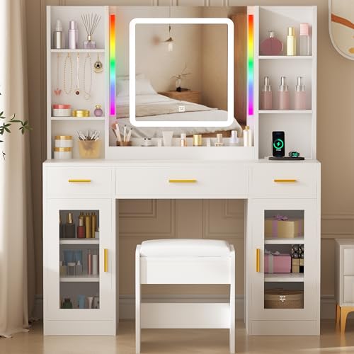White Vanity Desk with Mirror and Stool W486
