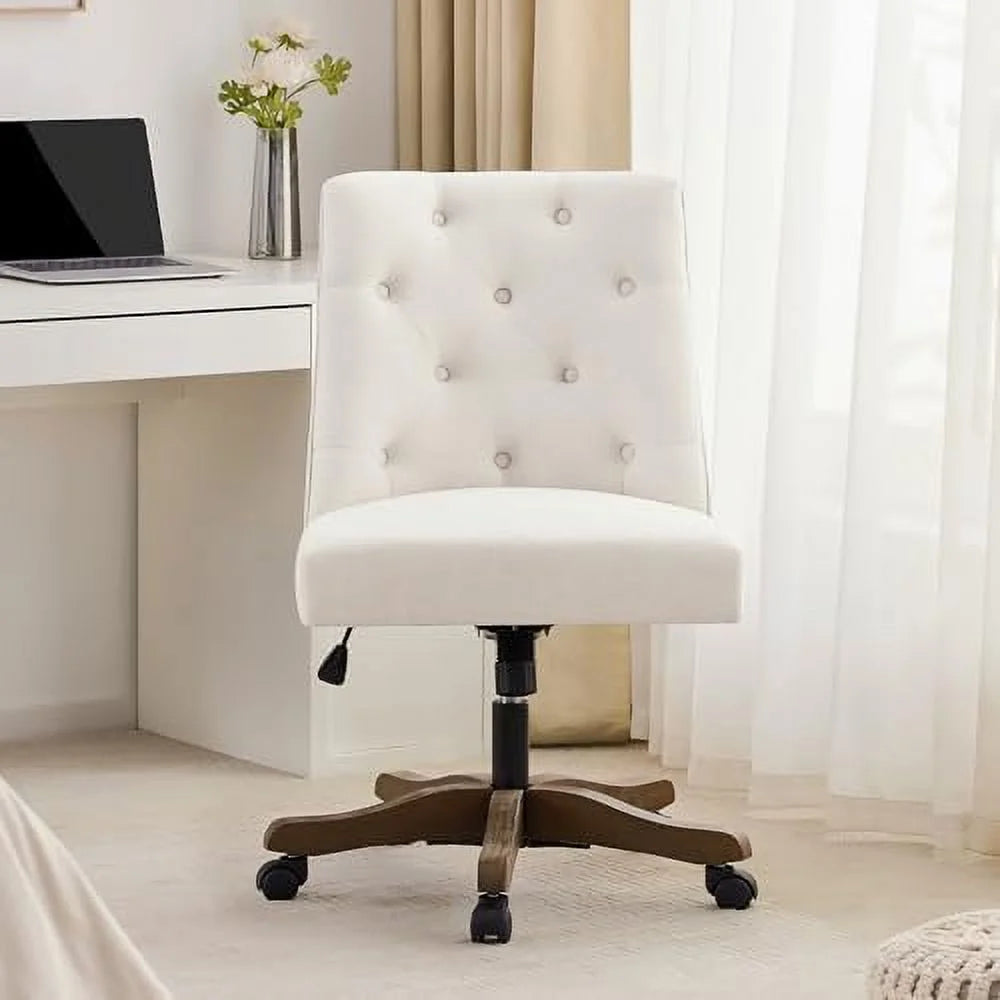 Beige Chenille Fabric Upholstered Swivel Office Chair with Wheels A98576