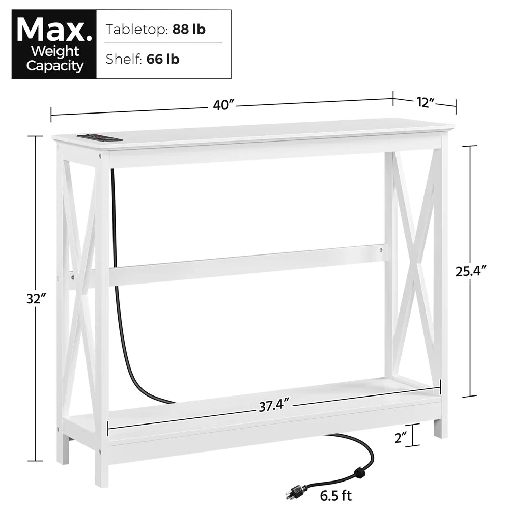 White 2-Tier Wooden Console Table with Power Outlet I636076