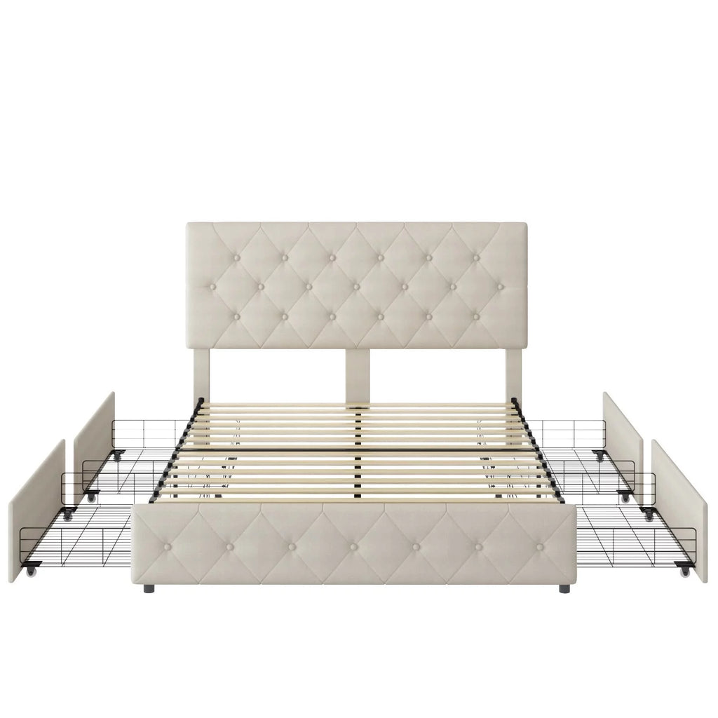 Queen Size Light Grey Upholstered Platform Bed with 4 Storage Drawers C73910