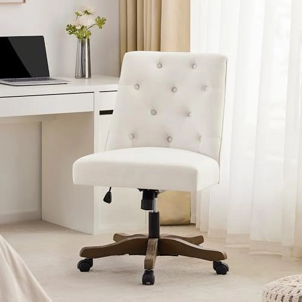 Beige Chenille Fabric Upholstered Swivel Office Chair with Wheels A98576