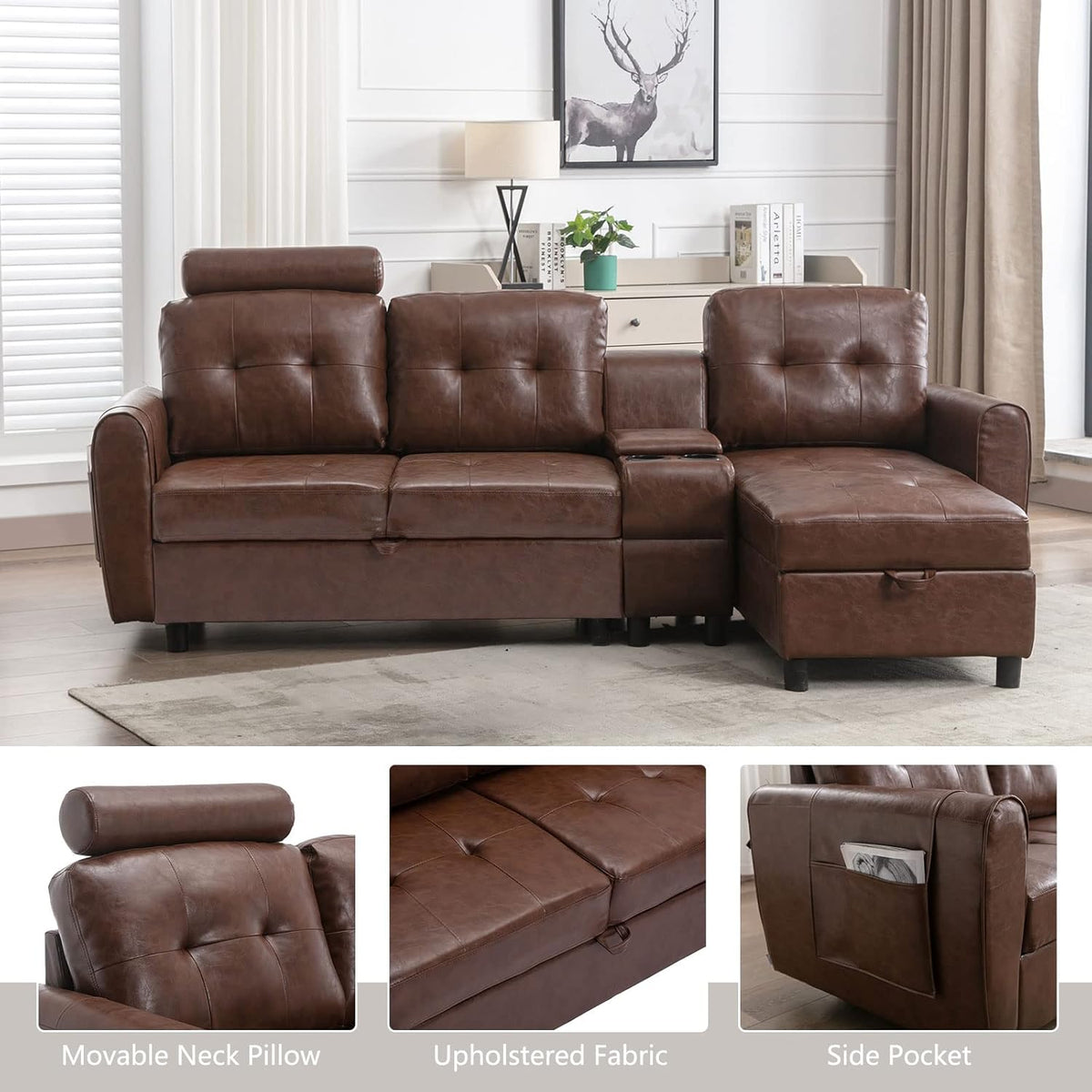 89" Sectional Storage Sofa L Shaped Couch with Cup Holders & Adjustable Headrest Brown PU Leather M49876