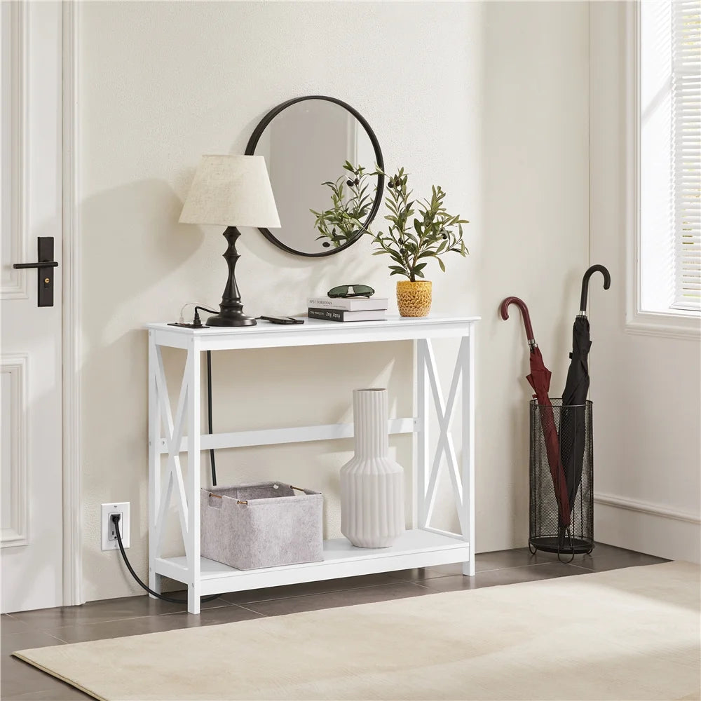 White 2-Tier Wooden Console Table with Power Outlet I636076