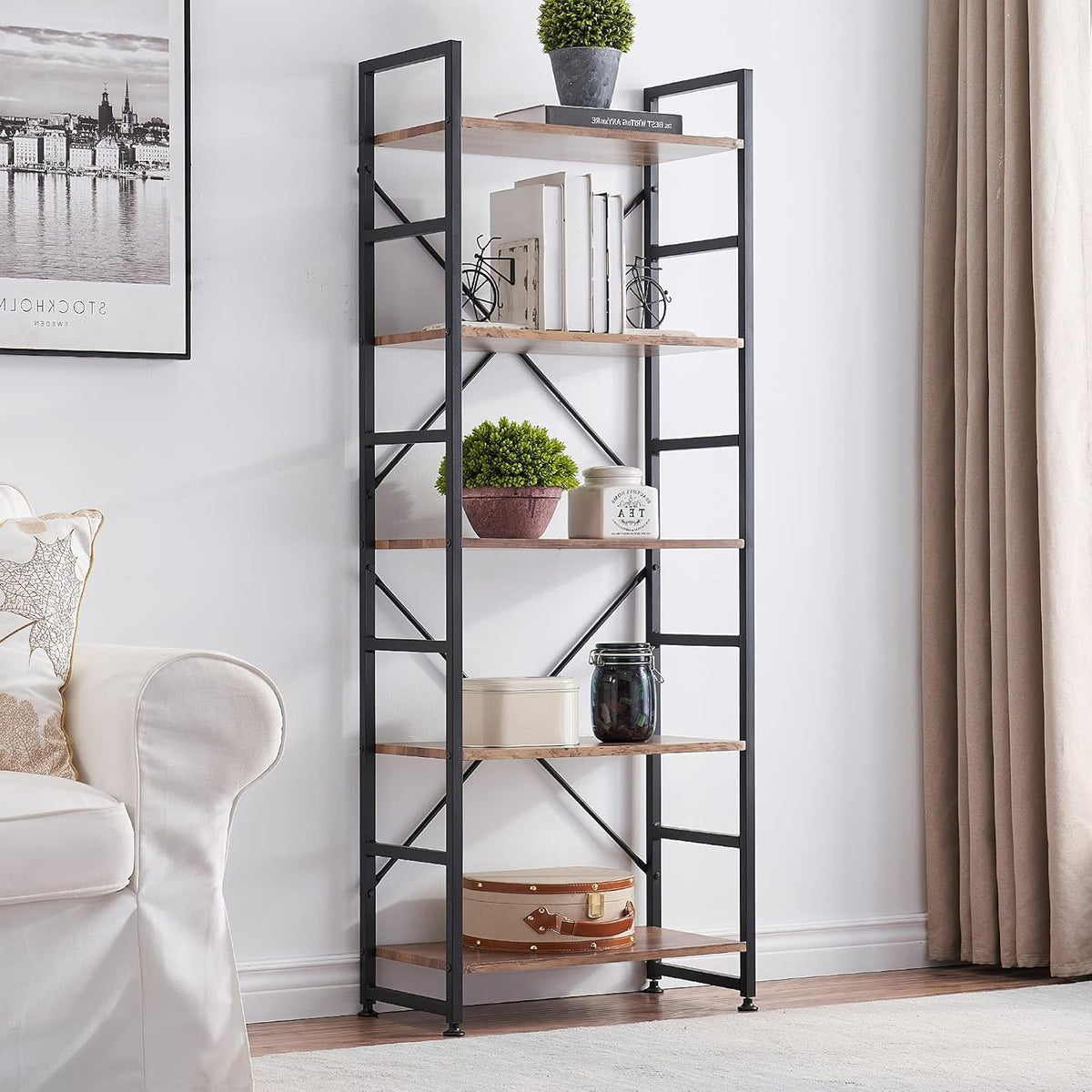 5 Tier Wood Bookshelf with Metal Frame Y278