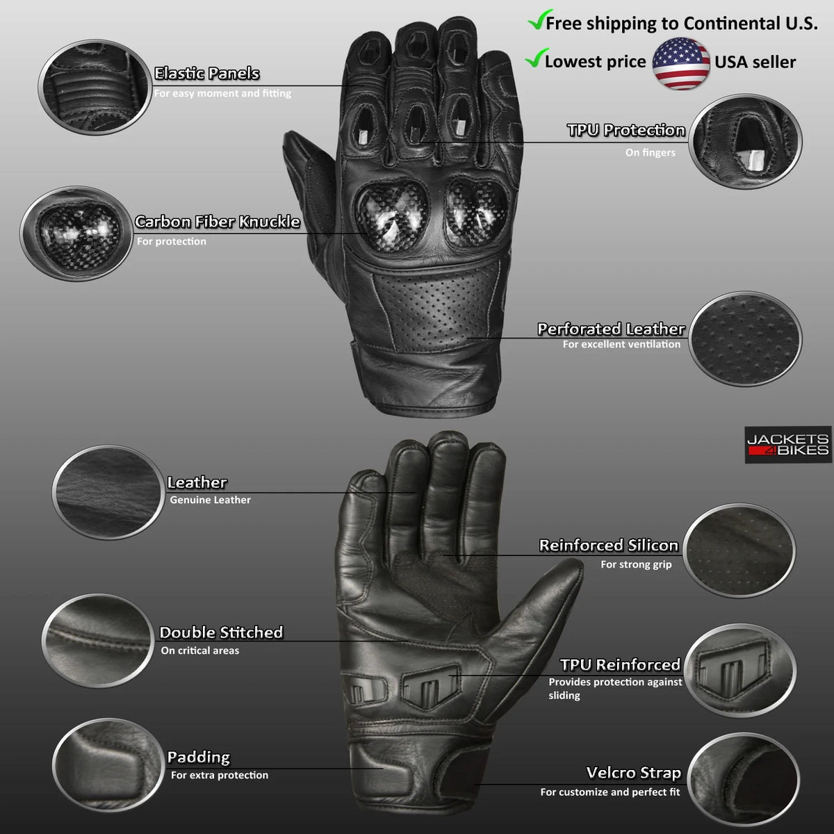 Black Red Leather Motorcycle Biker Gloves T684