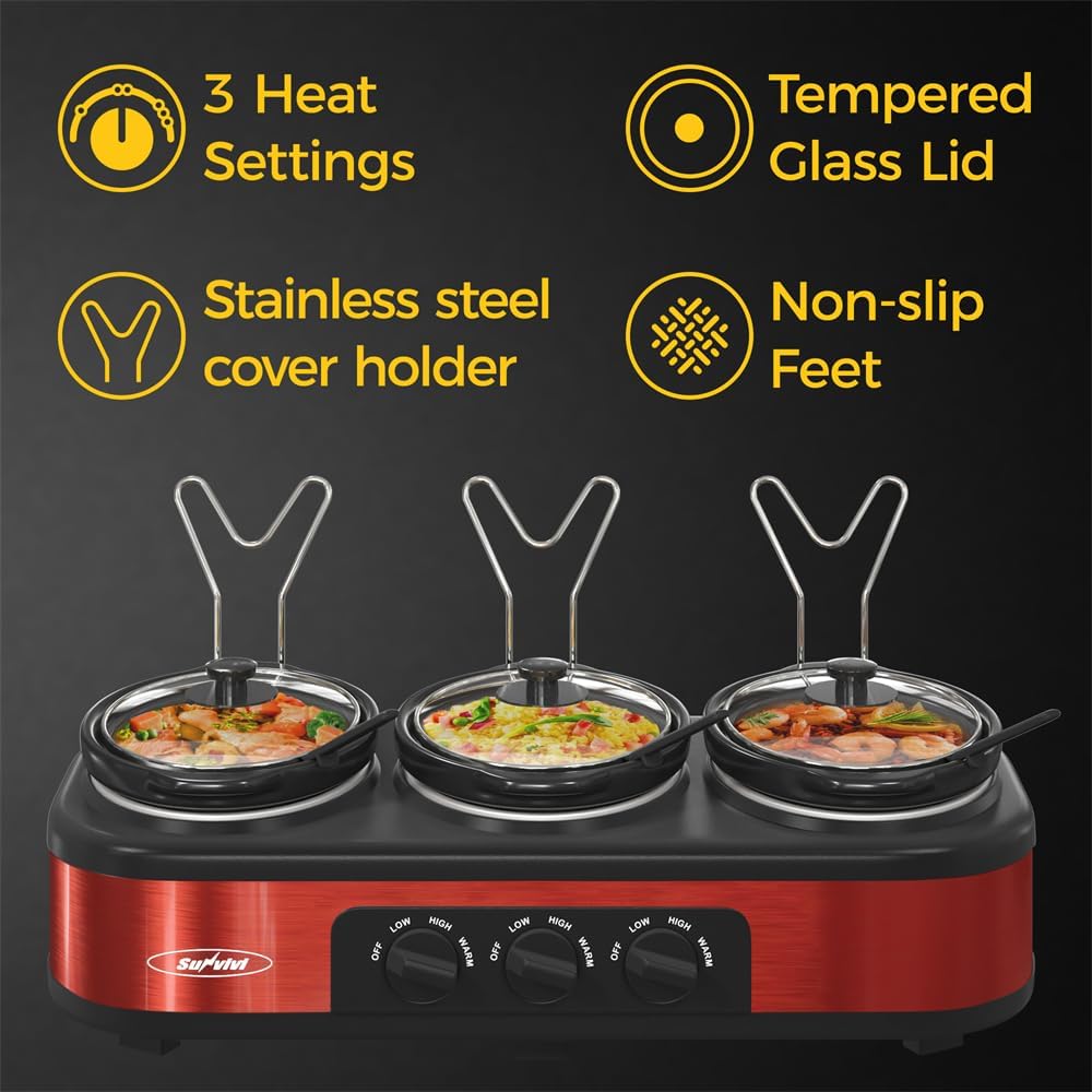 Red Triple Slow Cooker, 3 x 1.5 Quart, Stainless Steel, 4.5 QT K384