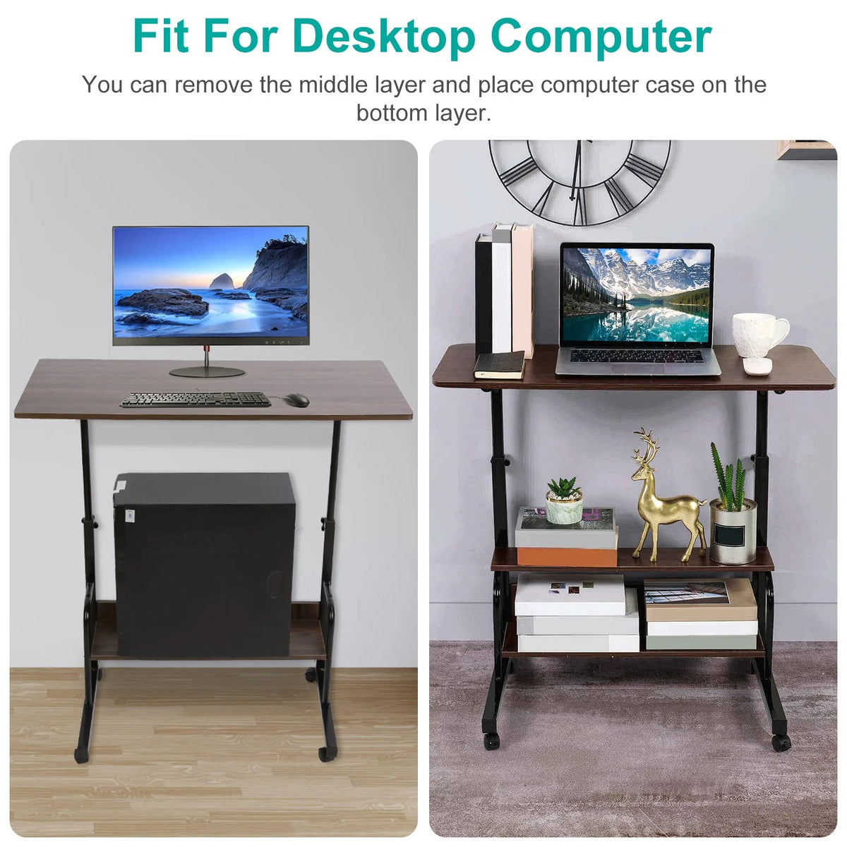 Height Adjustable Mobile Laptop Desk Cart with Lockable Wheels O95582