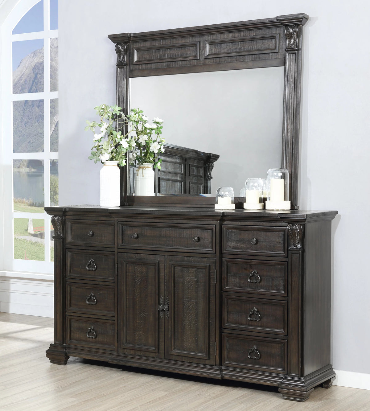 Dark Walnut Wood Dresser Mirror with Door E790