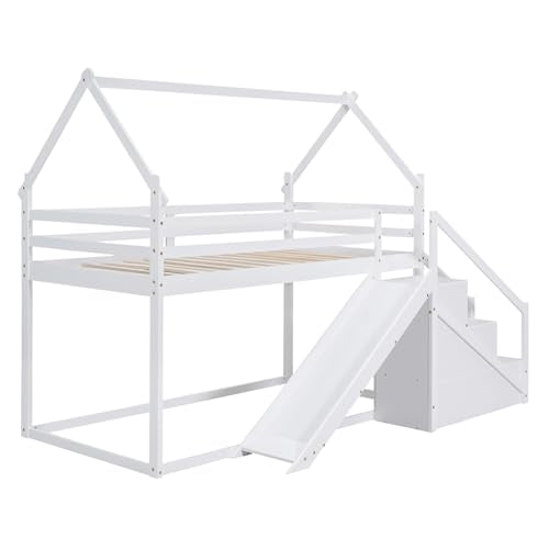 White Twin Over Twin Wood Bunk Bed with Slide and Storage Stairs V3620