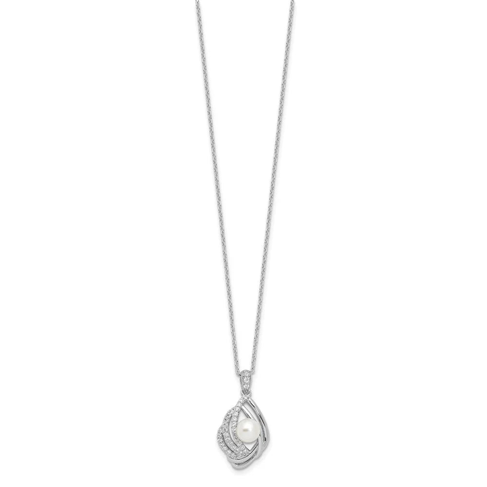 925 Sterling Silver Freshwater Cultured Pearl and CZ Teardrop Necklace 20" M9423