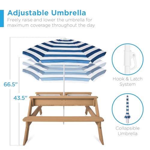 Kids 3-in-1 Sand & Water Table Wood Picnic Table with Umbrella H4615
