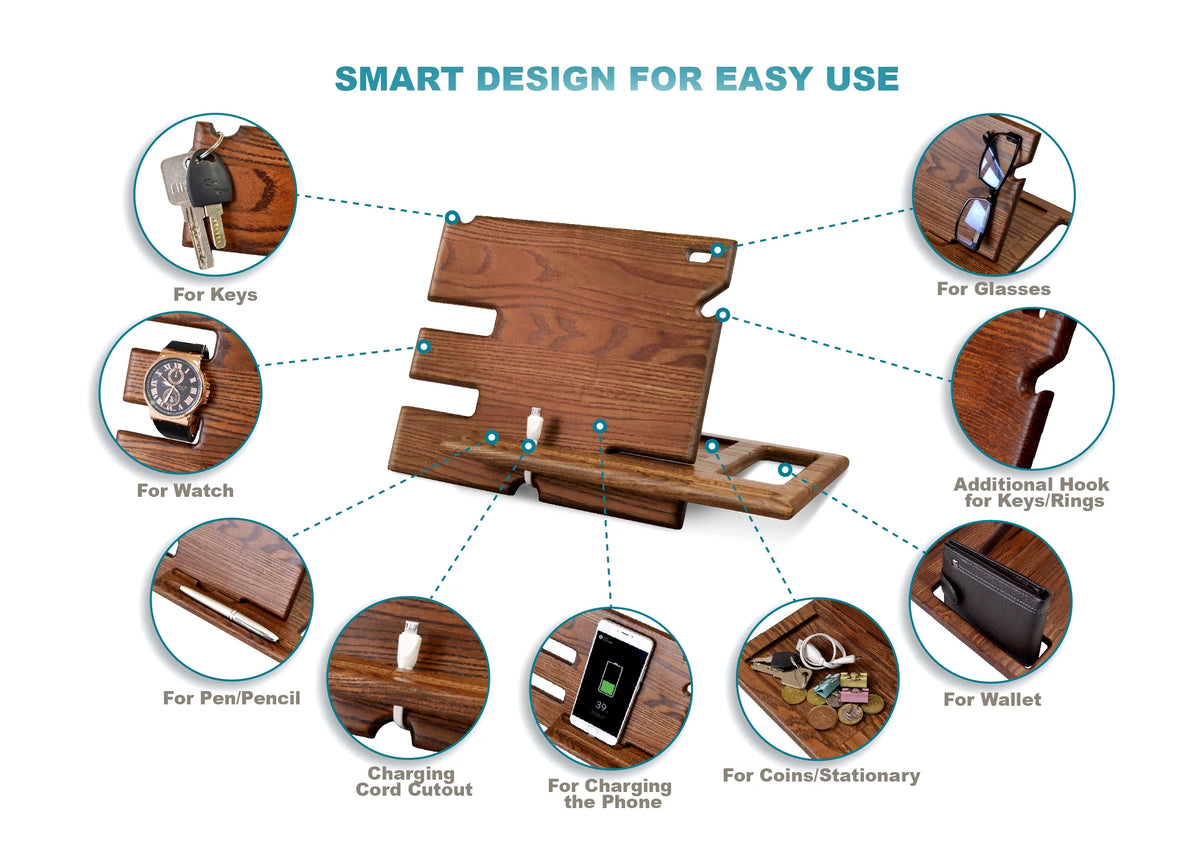 Wood Phone Docking Station Key Holder Wallet Stand Watch Organizer H640545