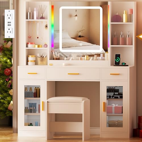 White Vanity Desk with Mirror and Stool W486