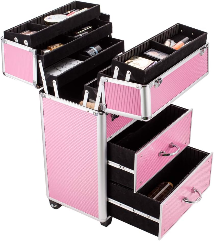 Rolling 4 Tiers Lockable Aluminum Makeup Travel Organizer Cosmetic Case Rose Pink Q185163