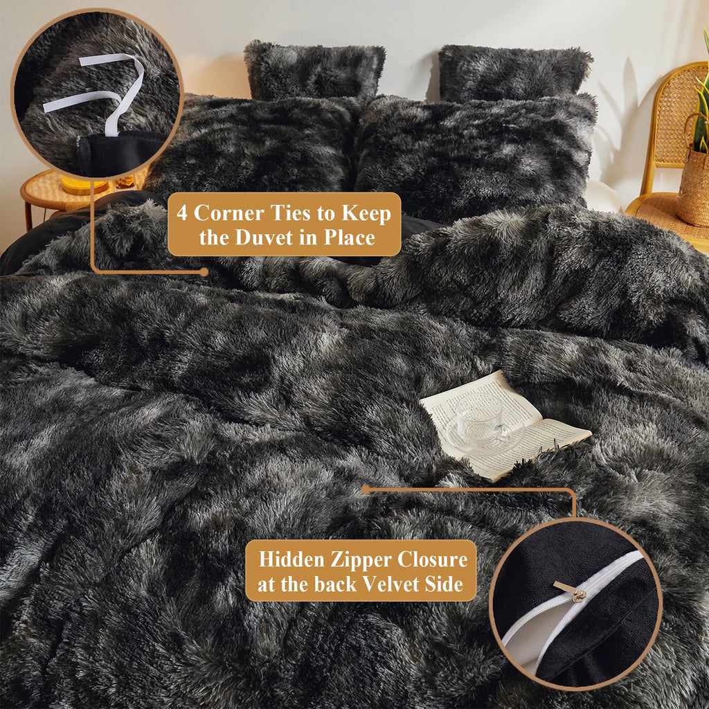Tie Dye Plush Shaggy Duvet Cover Set, 3 Pieces Velvet Fluffy Furry Bedding Set, Queen T514856