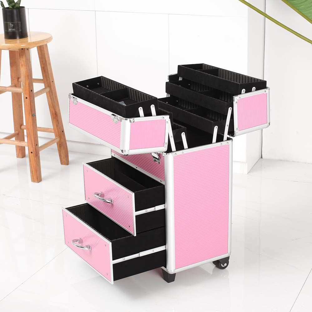 Rolling 4 Tiers Lockable Aluminum Makeup Travel Organizer Cosmetic Case Rose Pink Q185163