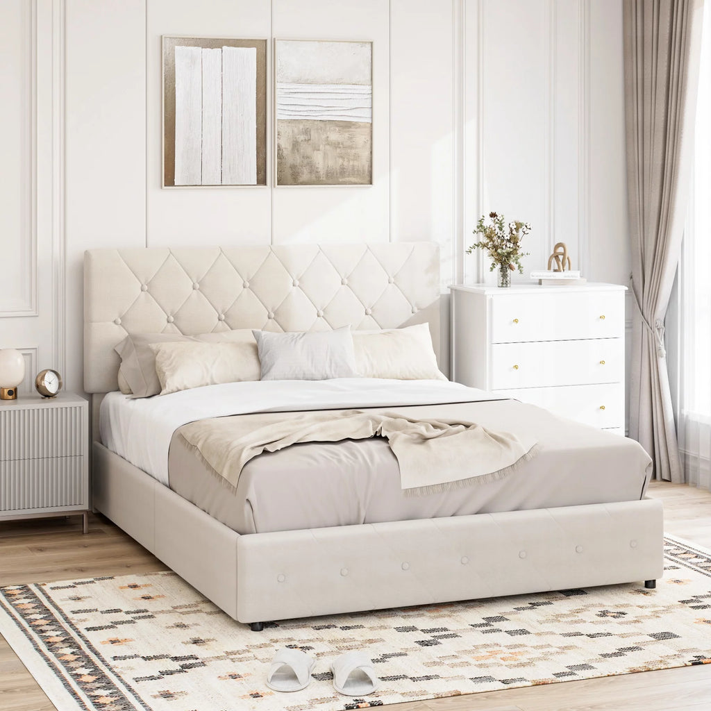 Queen Size Light Grey Upholstered Platform Bed with 4 Storage Drawers C73910
