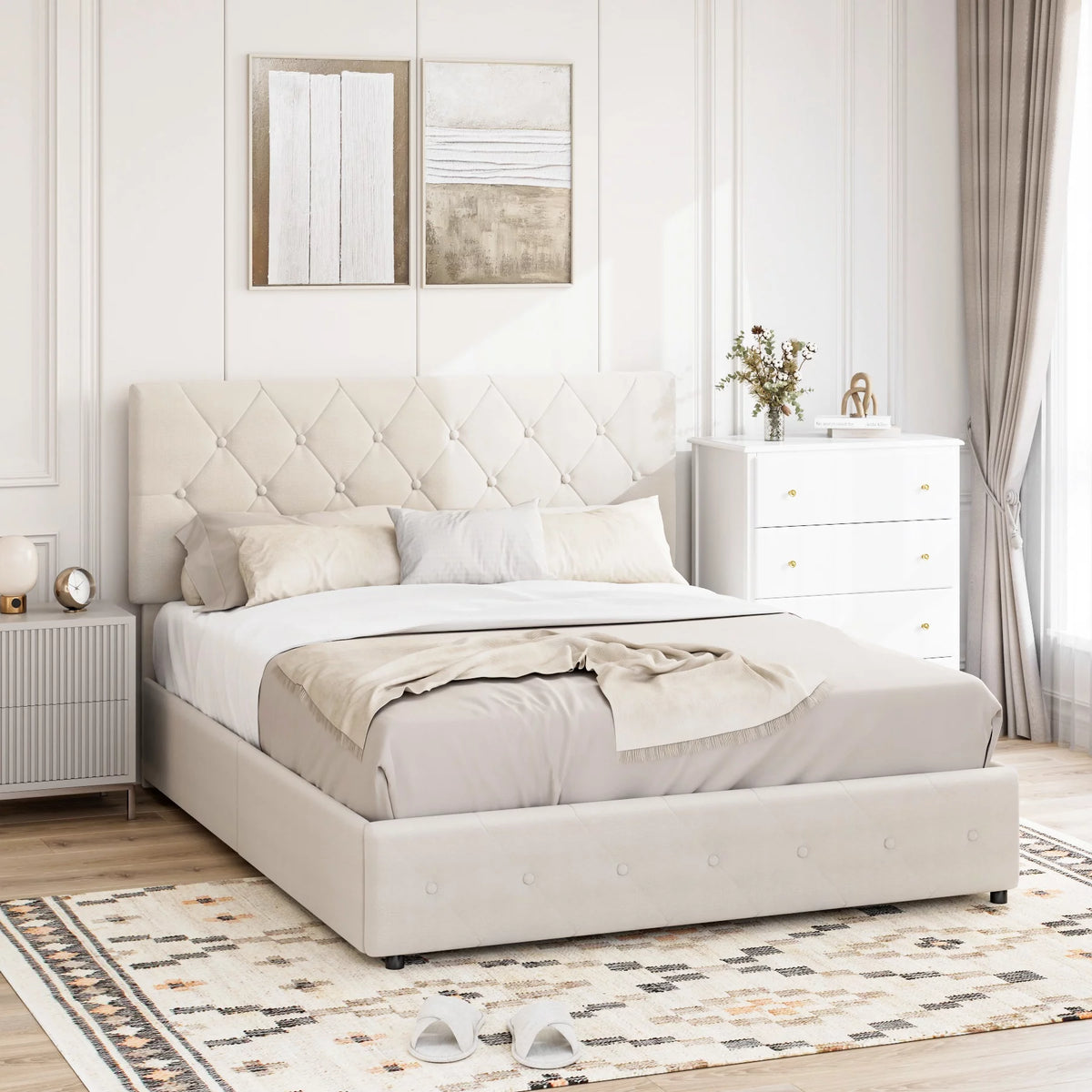 Queen Size Light Grey Upholstered Platform Bed with 4 Storage Drawers C73910
