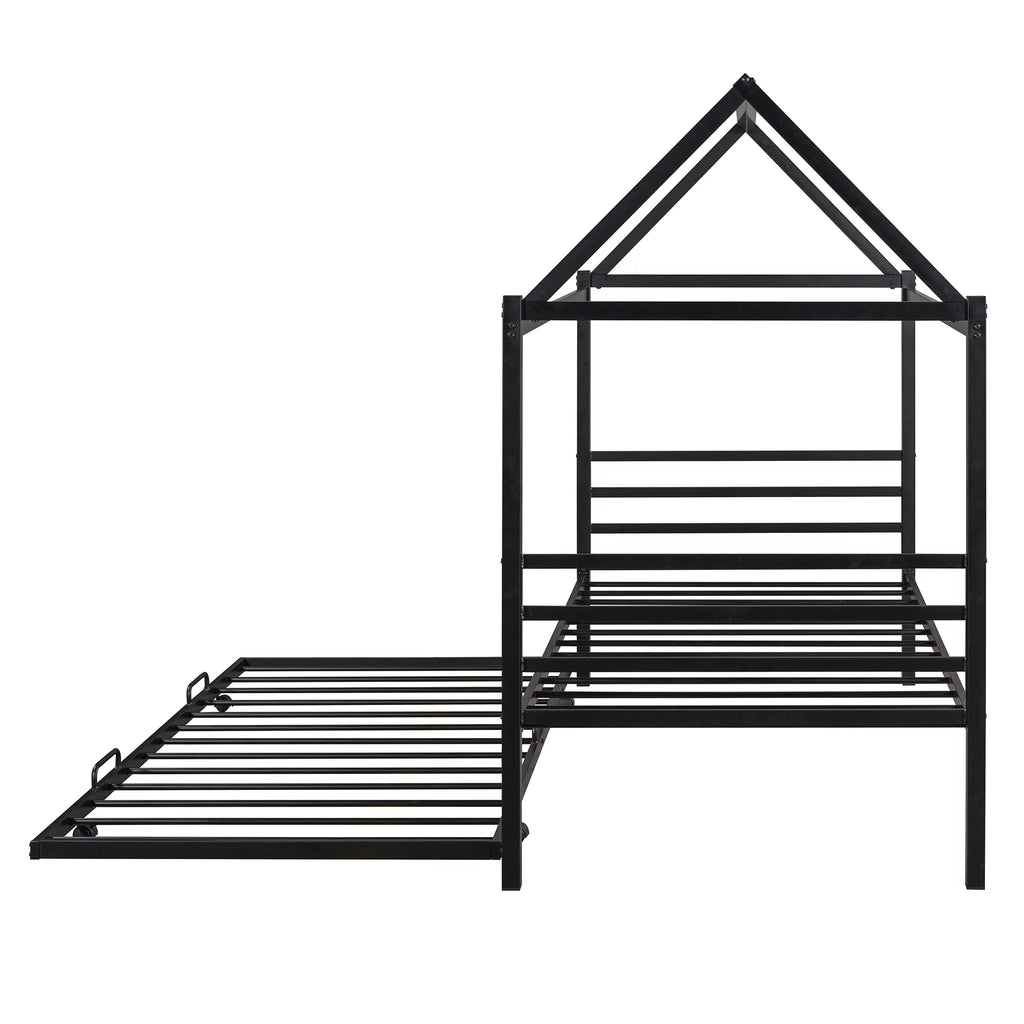 Twin Size Black Metal House Shape Platform Bed with Trundle I2663