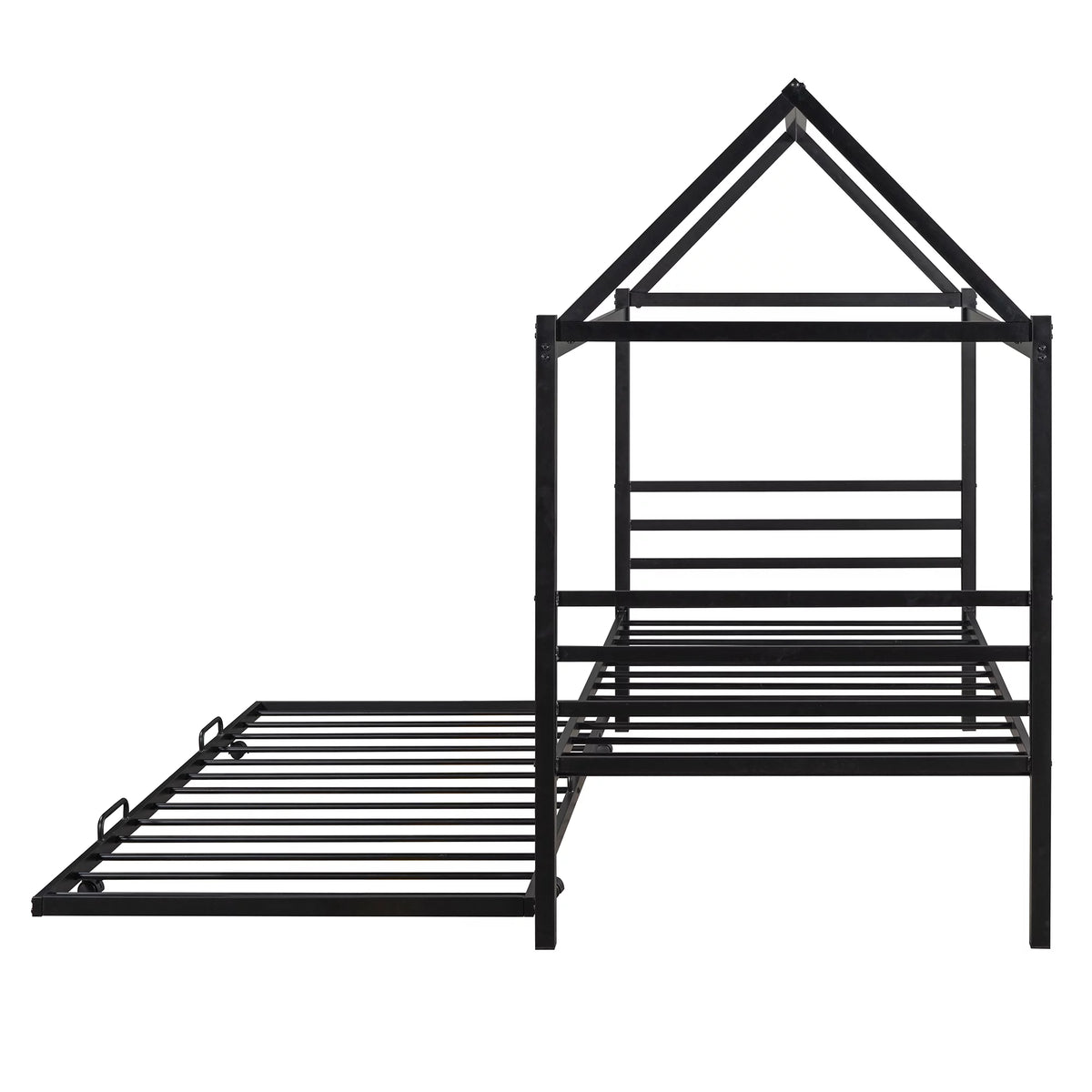 Twin Size Black Metal House Shape Platform Bed with Trundle I2663