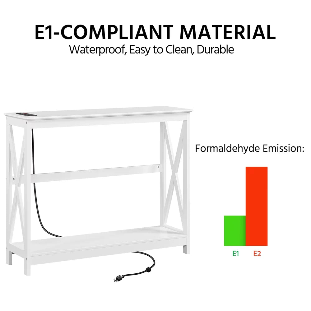 White 2-Tier Wooden Console Table with Power Outlet I636076