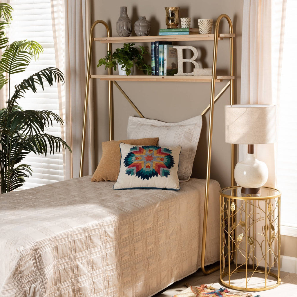 Brushed Gold Finished Metal and Natural Brown Finished Wood 2-Tier Over Bed Twin Size Storage I91843