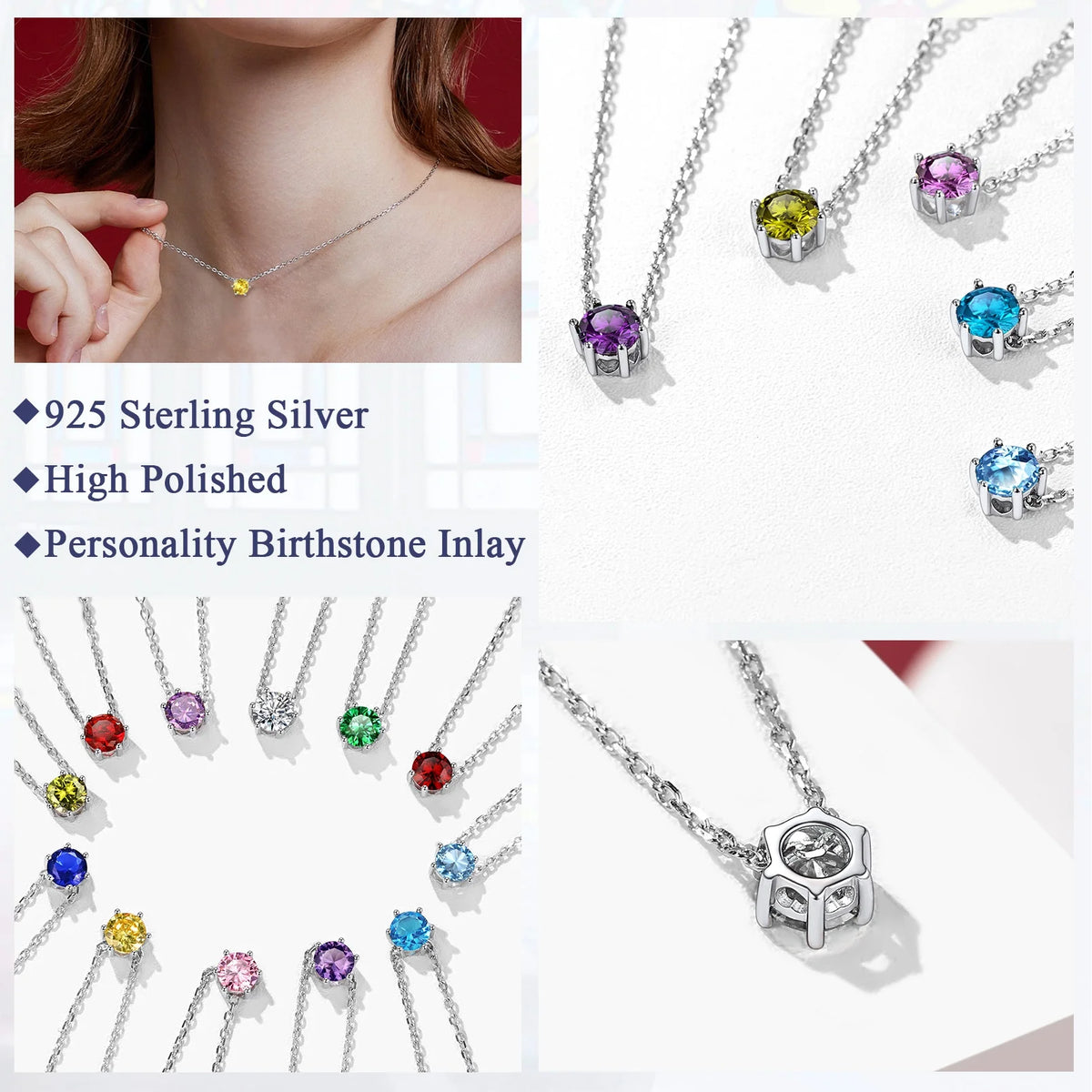 925 Sterling Silver Round Birthstone Necklace C429