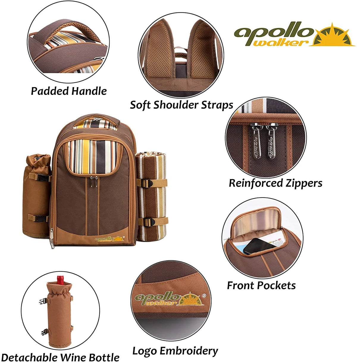 Picnic Backpack for 2 Person with Cooler Compartment, Fleece Blanket, Plates and Cutlery, Brown W105241