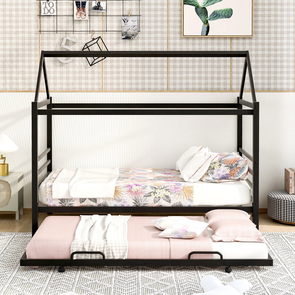 Twin Size Black Metal House Shape Platform Bed with Trundle I2663