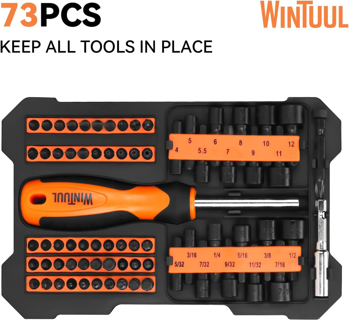 73PC Nut Driver Set with Screwdriver Bits, 1/4" Hex Head, SAE and Metric, Black Phosphate Coating Cr-V Steel H73275