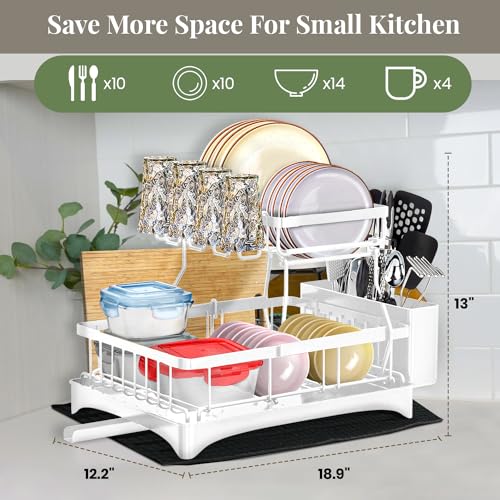 White 2-Tier Metal Dish Drying Rack with Drainboard V3057