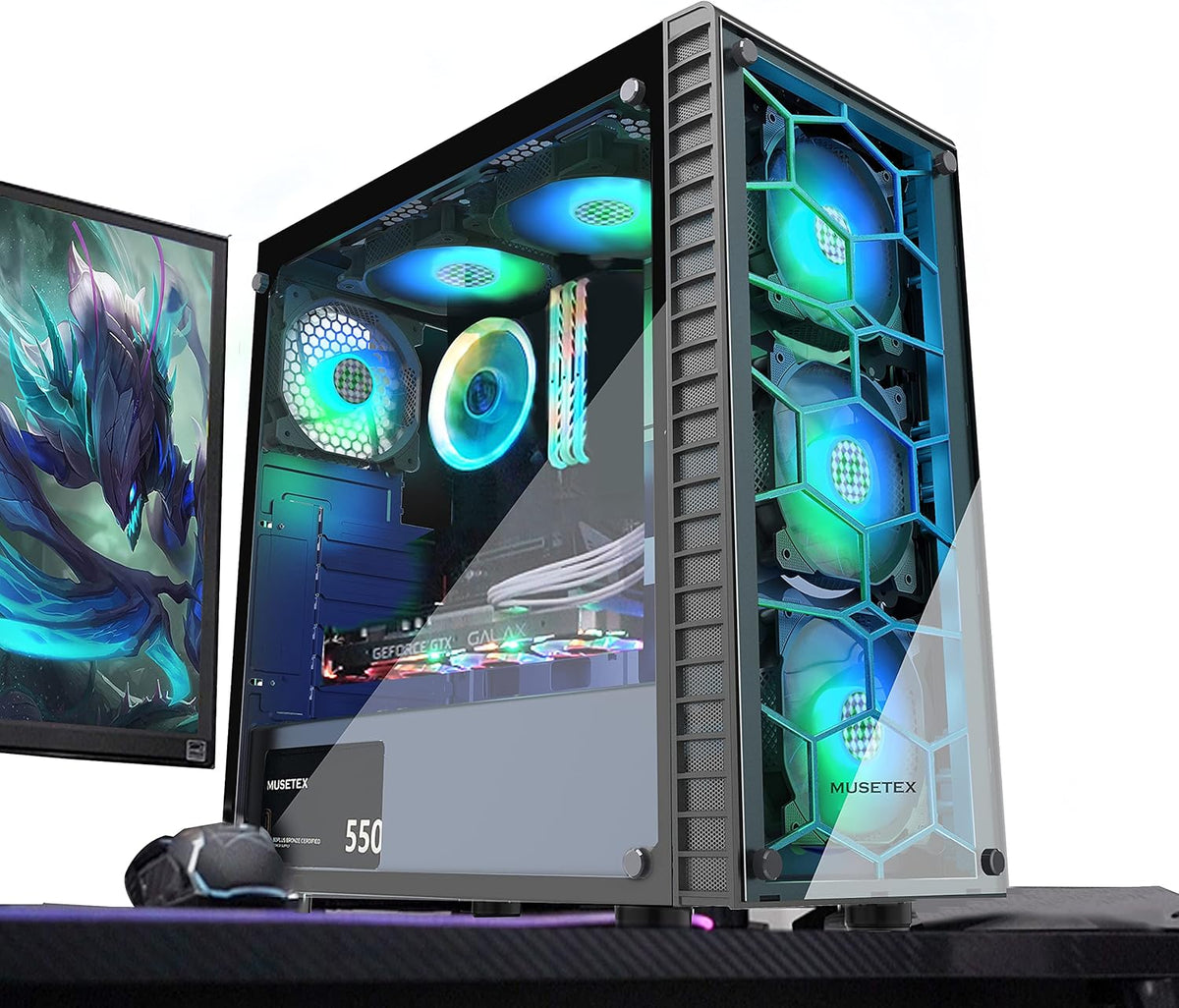 Black ATX Mid-Tower Computer Case with 2 Tempered Glass Panels and 6pcs 120mm ARGB Fans U7081