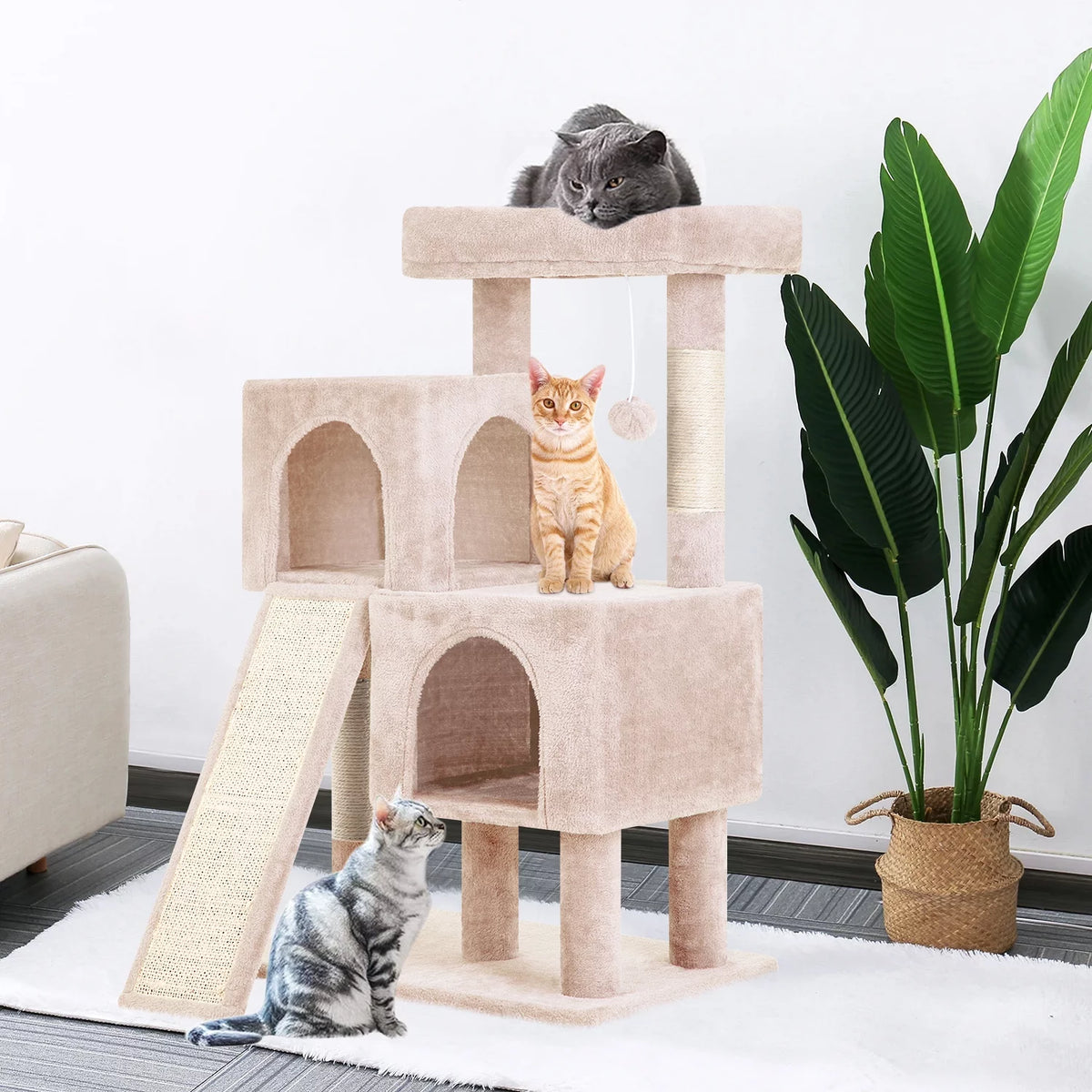 36 inches Beige Multi-Level Cat Tree with Scratching Posts D7602
