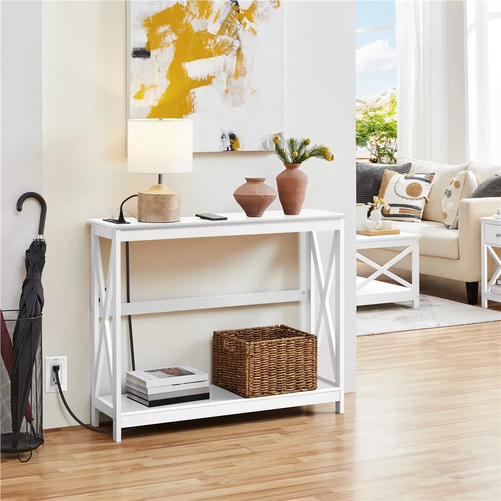 White 2-Tier Wooden Console Table with Power Outlet I636076