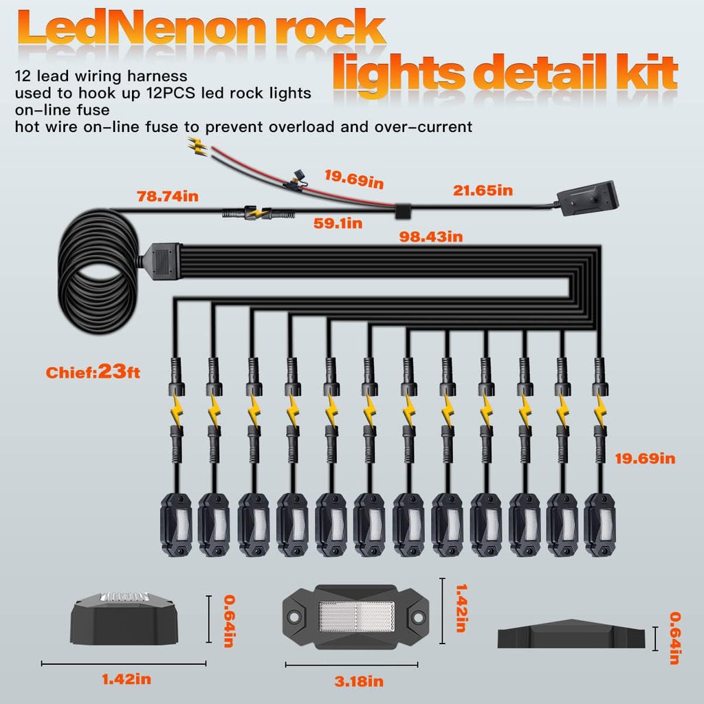 White 12Pods LED Rock Lights with 23FT Harness Fuse Switch Kit V441947