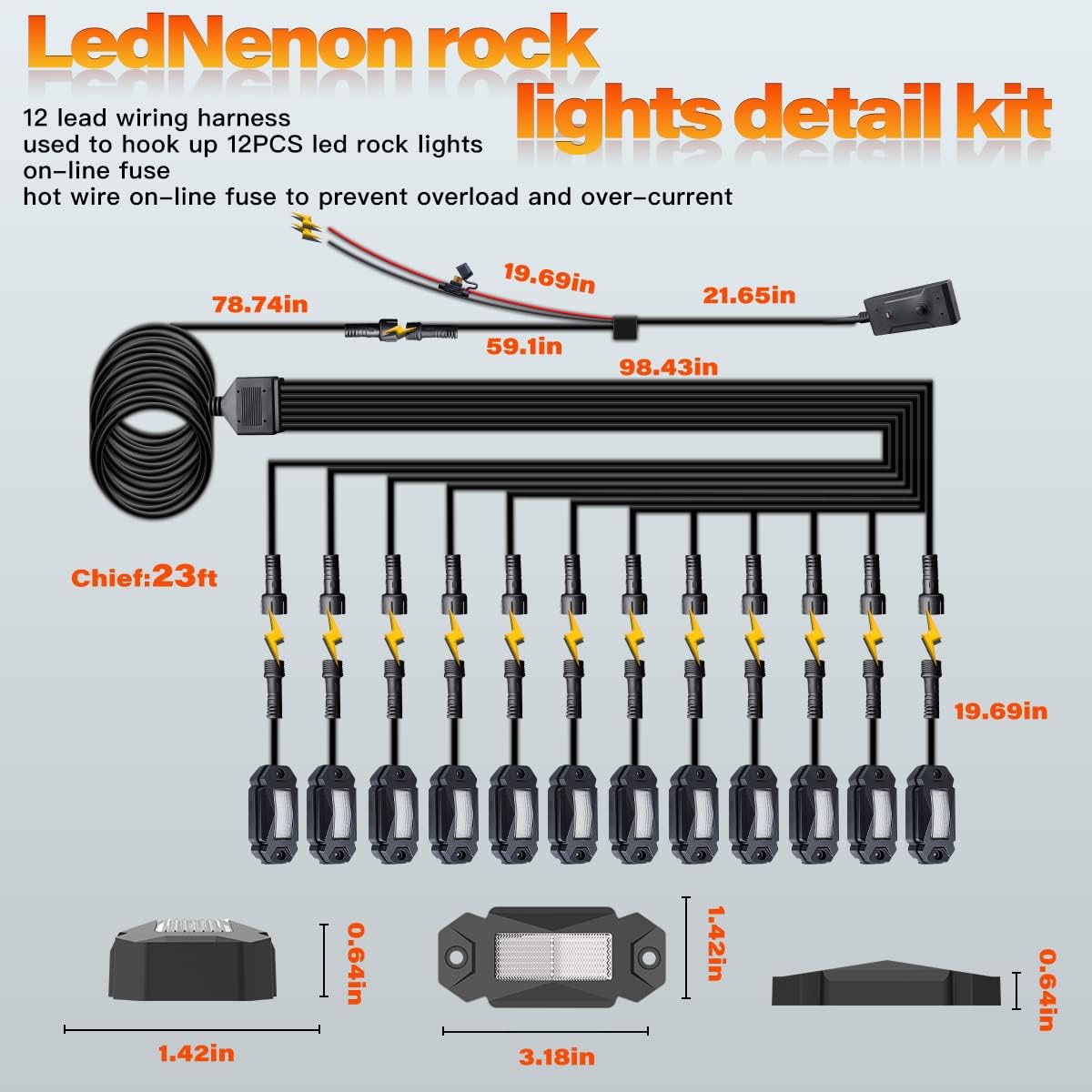 White 12Pods LED Rock Lights with 23FT Harness Fuse Switch Kit V441947