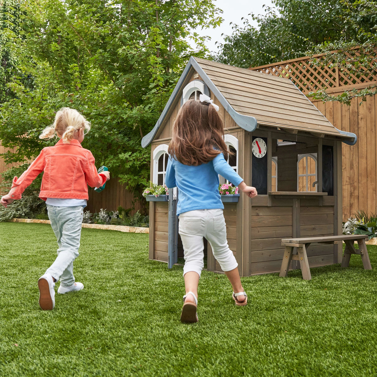 Wooden Outdoor Playhouse with Bench and Kitchen F963236