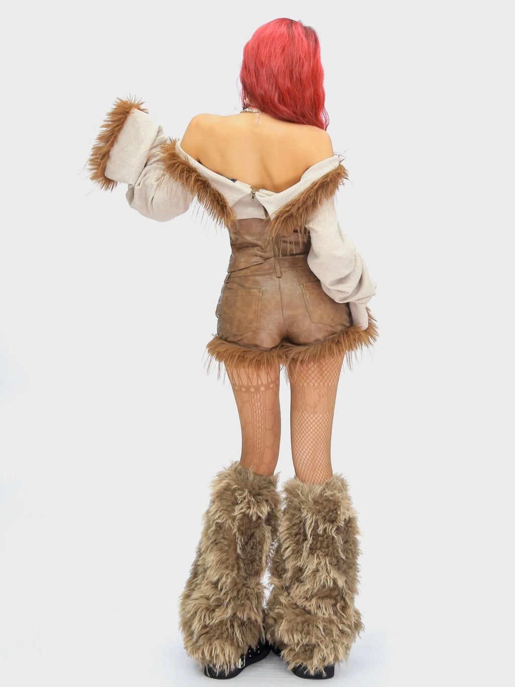 Faux Fur Off-Shoulder Long Sleeve Top + Shorts Set G645