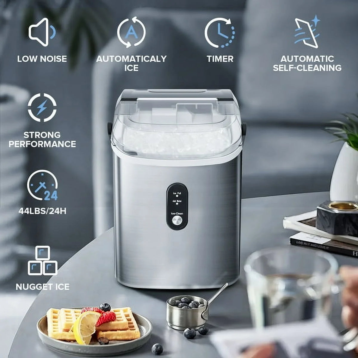 Nugget Ice Maker Countertop with Soft Chewable Pellet Ice, 33lbs/24H, Self-Cleaning, Stainless Steel N692