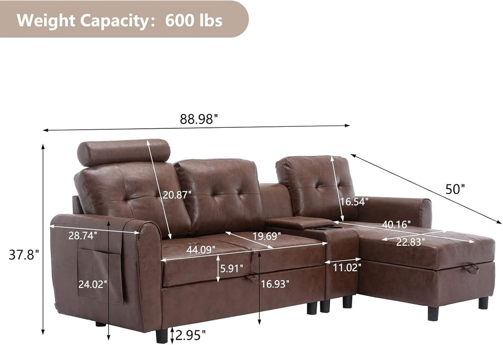 89" Sectional Storage Sofa L Shaped Couch with Cup Holders & Adjustable Headrest Brown PU Leather M49876