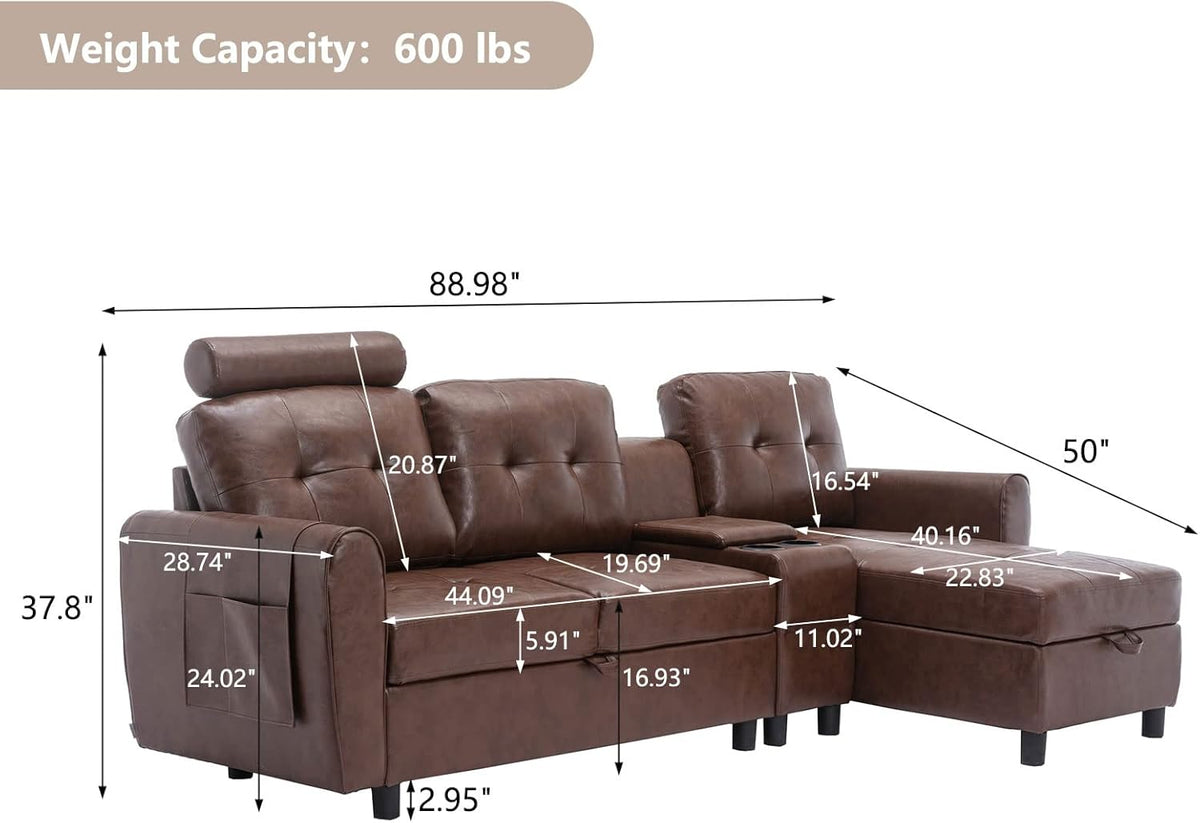 89" Sectional Storage Sofa L Shaped Couch with Cup Holders & Adjustable Headrest Brown PU Leather M49876