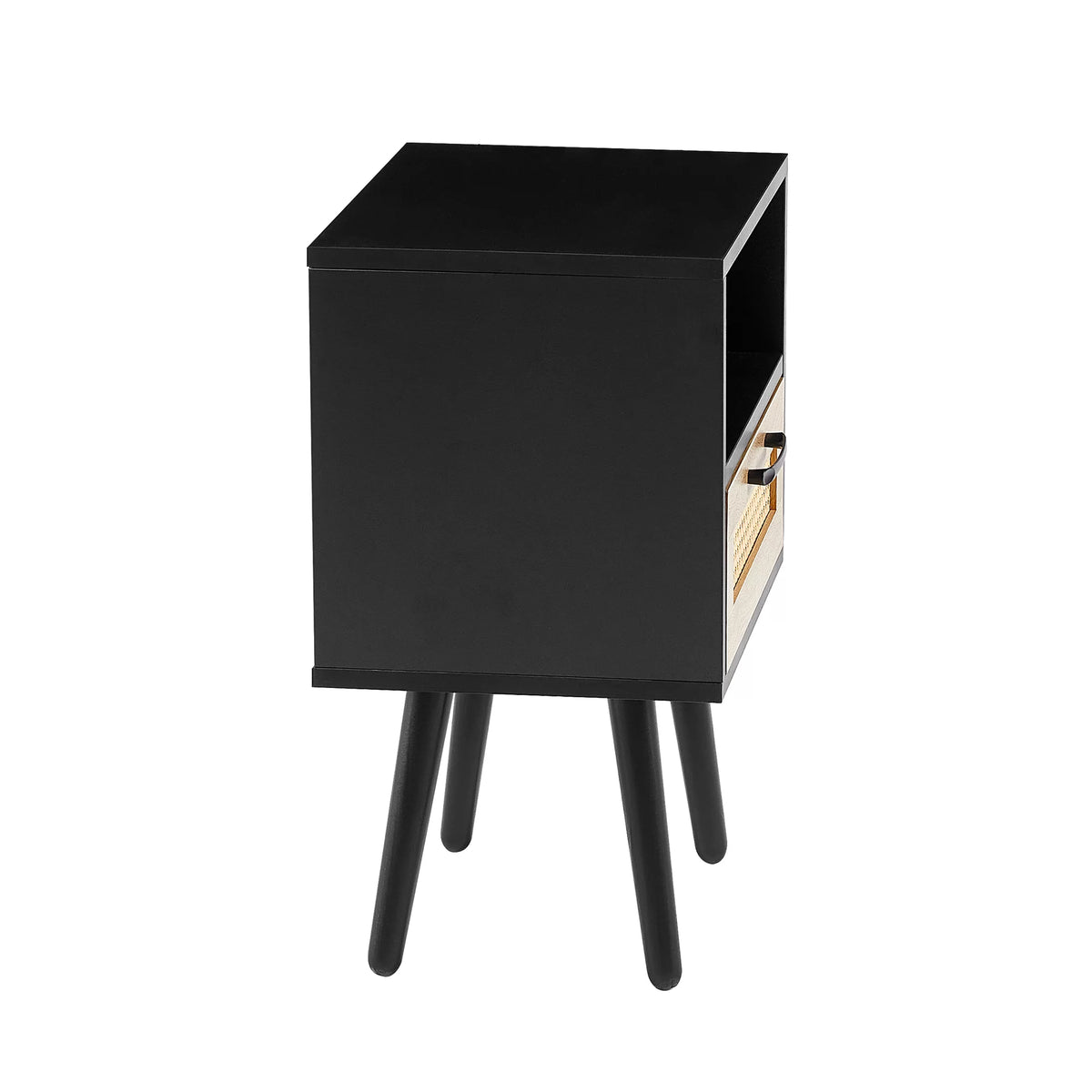 Black Rattan End Table with Drawer and Open Shelf V89170