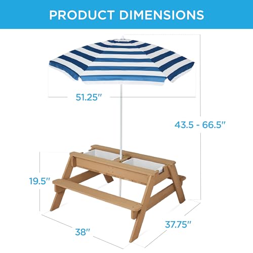 Kids 3-in-1 Sand & Water Table Wood Picnic Table with Umbrella H4615