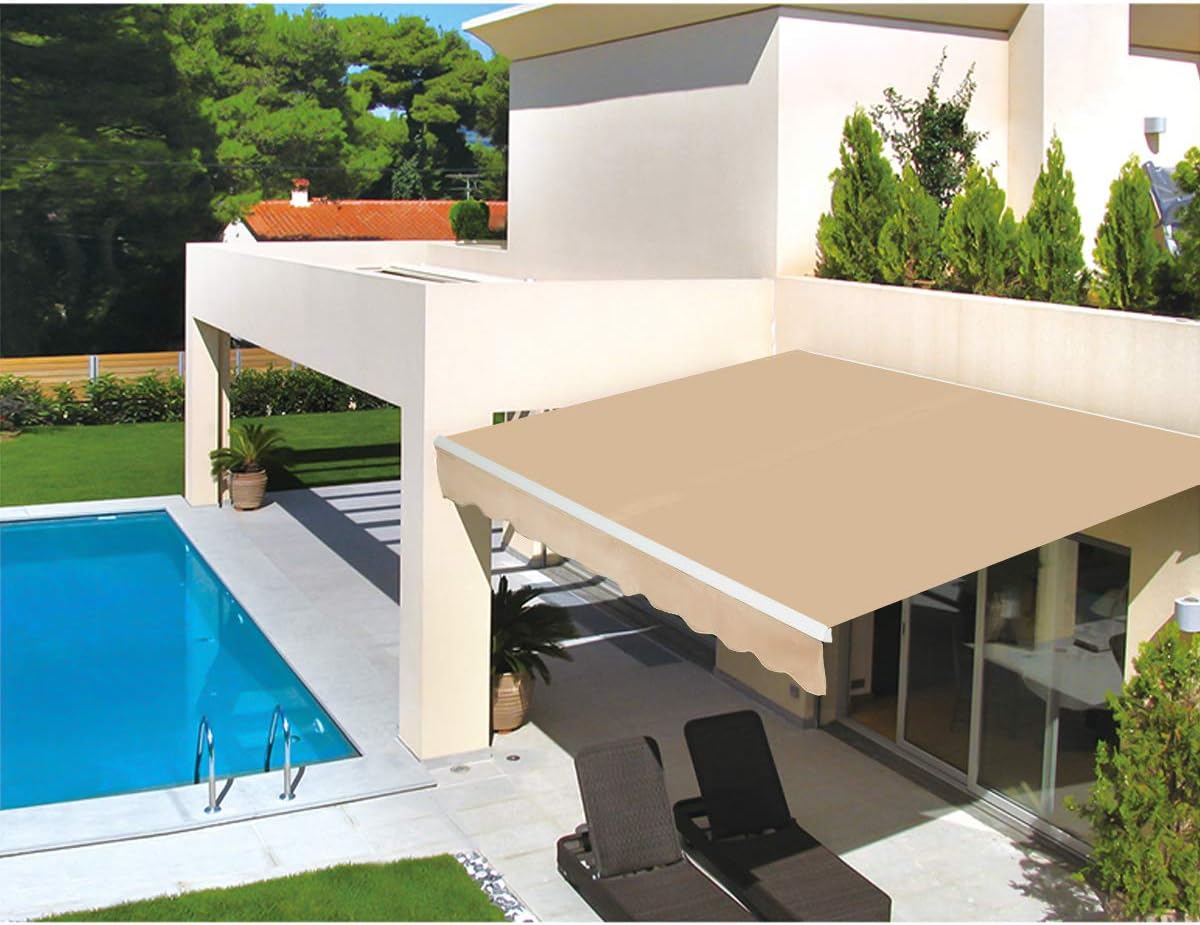 13'×8' Retractable Patio Awning with Manual Crank Handle, Beige B5920