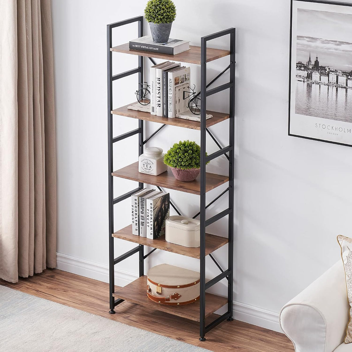 5 Tier Wood Bookshelf with Metal Frame Y278