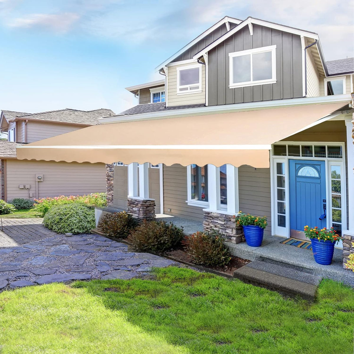 13'×8' Retractable Patio Awning with Manual Crank Handle, Beige B5920
