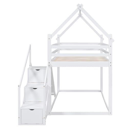 White Twin Over Twin Wood Bunk Bed with Slide and Storage Stairs V3620