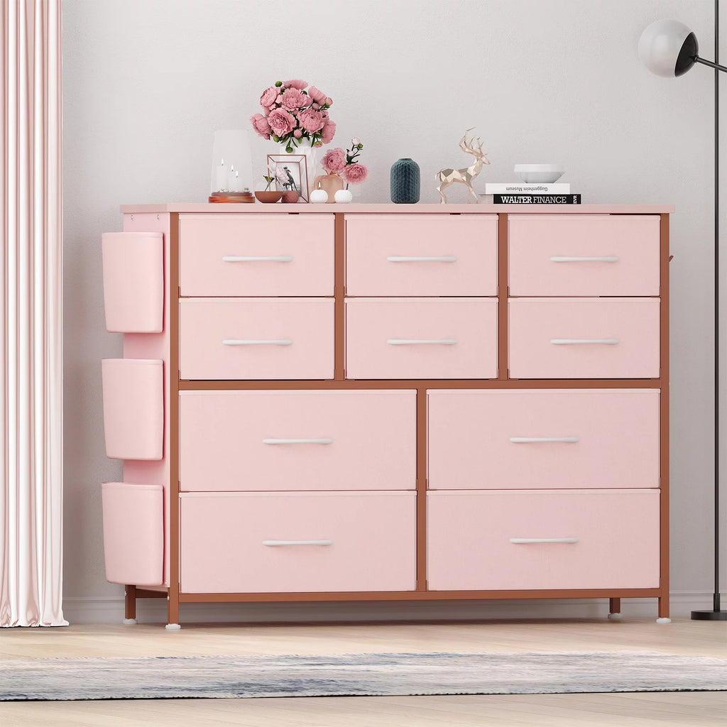 Pink 10 Drawer Fabric Dresser with Wood Tabletop P5737