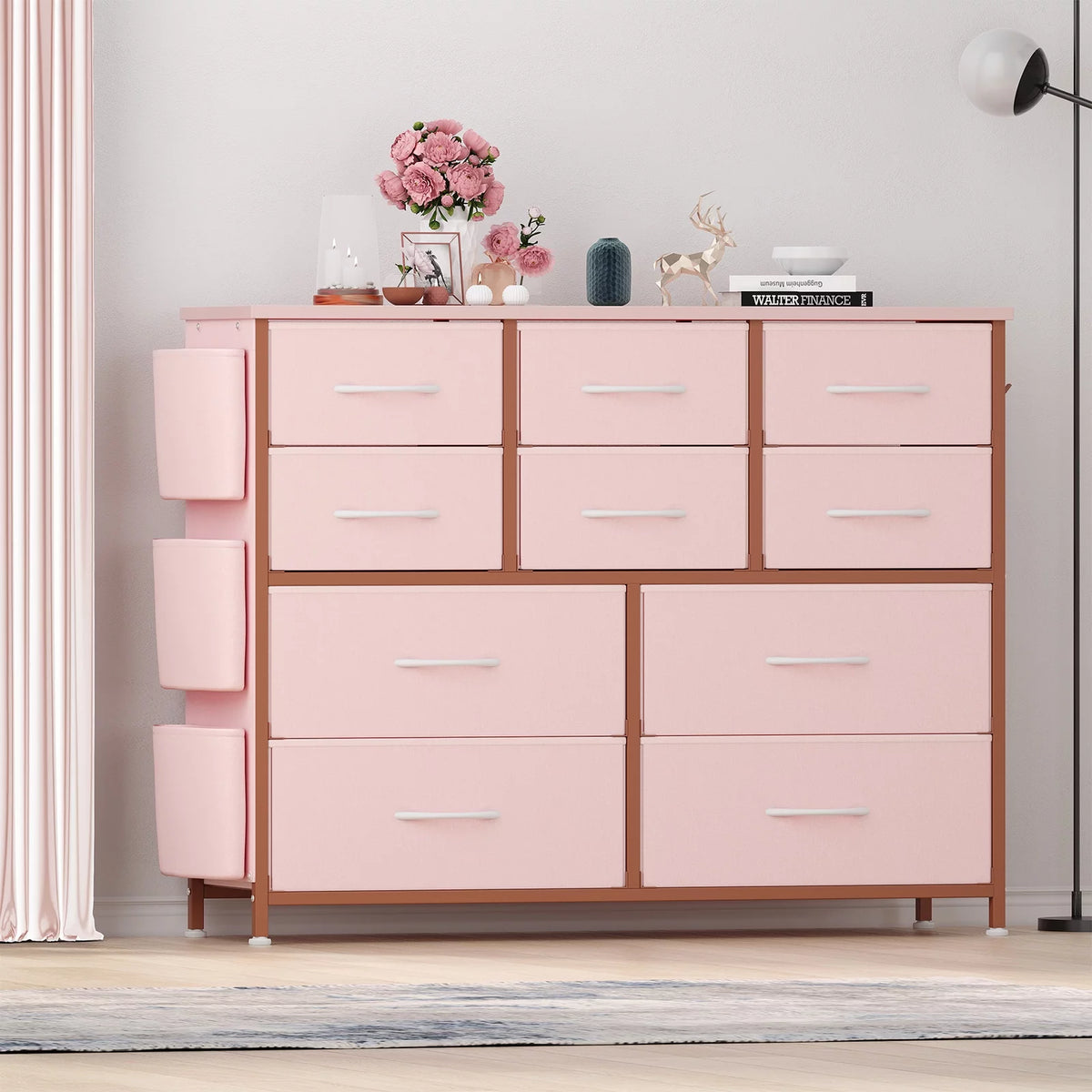 Pink 10 Drawer Fabric Dresser with Wood Tabletop P5737